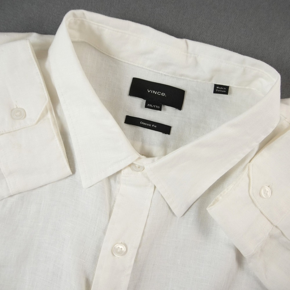 Vince Linen Button Up Shirt Mens XXL White Classic Fit Long Sleeve Pocket